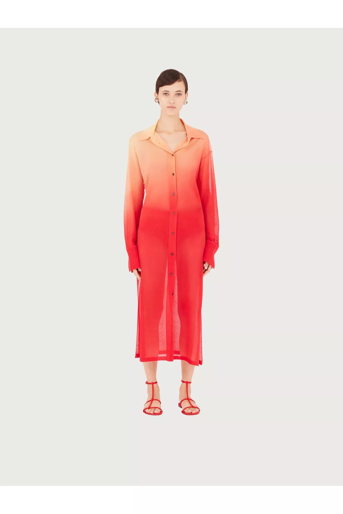 Ferragamo Red Ombre Button Down Long Sleeve Dress