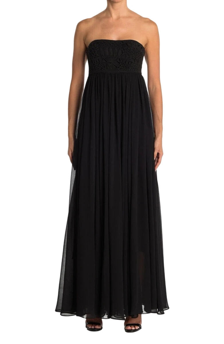 Balmain Black Crochet & Chiffon Strapless Gown