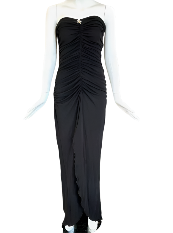 Mugler Black Strapless Ruched Maxi Dress With Leg Slit