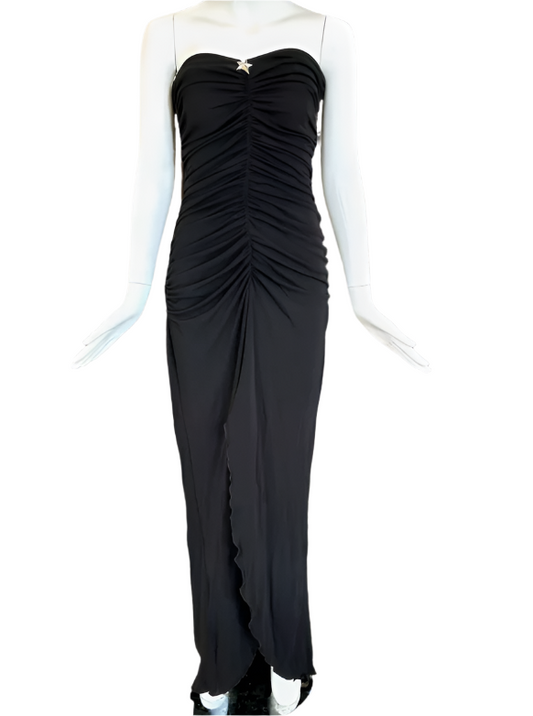 Mugler Black Strapless Ruched Maxi Dress With Leg Slit