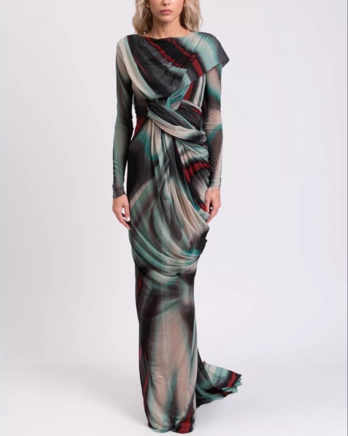 Rick Owens Blue Red & White Marble Draped Long Sleeve Gown