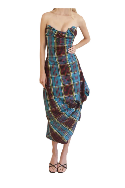 Vivienne Westwood Blue Plaid Strapless Corset Midi Dress