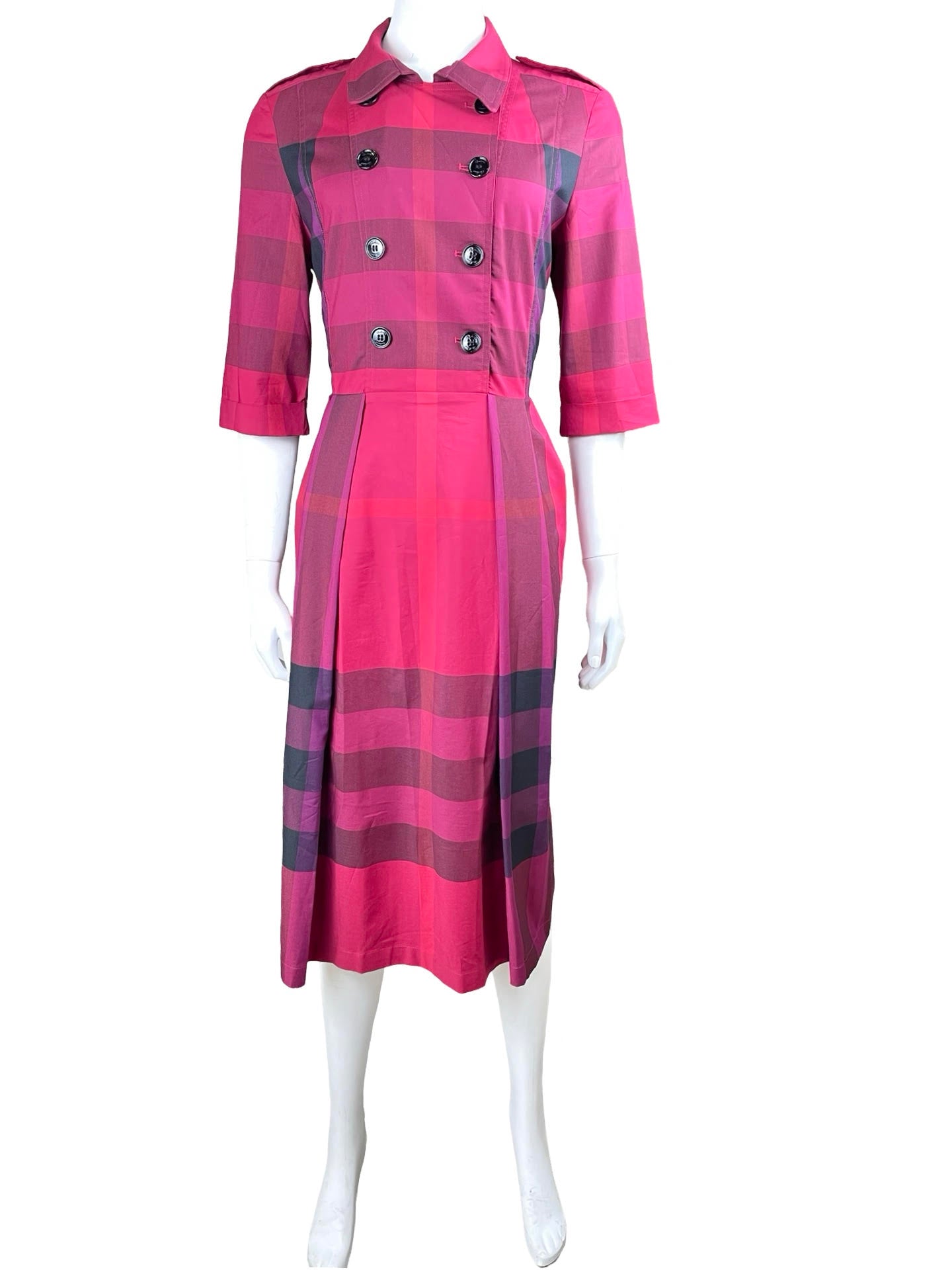 Burberry Pink Plaid Trench 3/4 Midi Dress