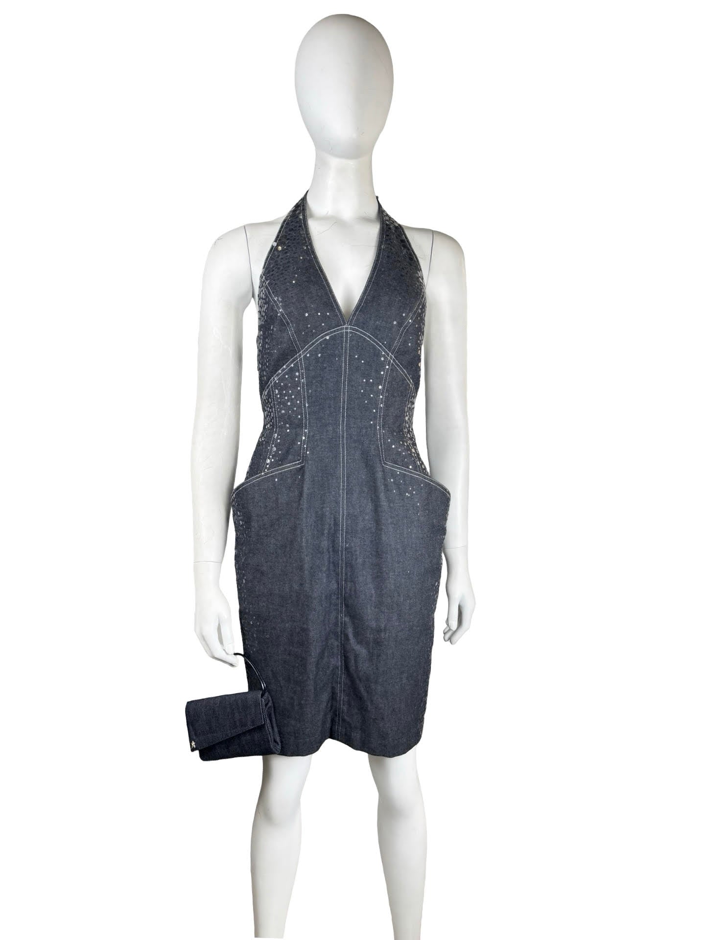 Mugler Denim Halter Dress With Matching Denim Purse