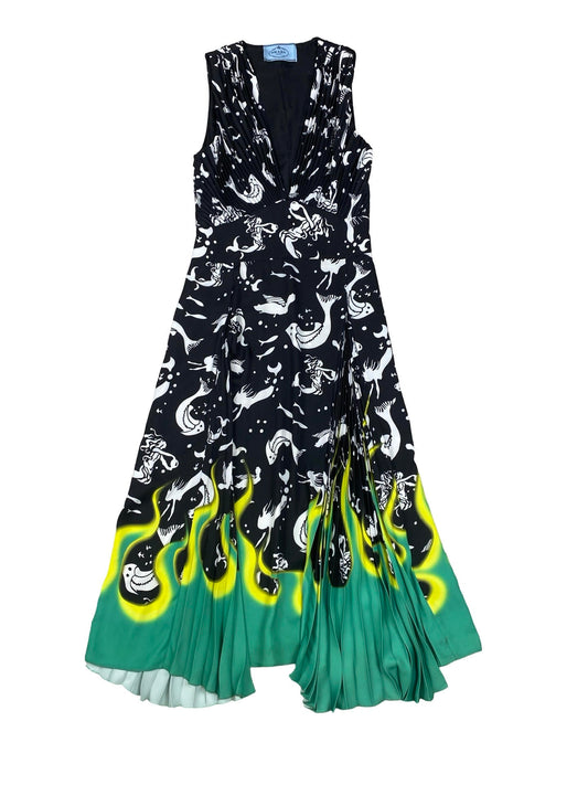 Prada Black & White Creatures Print & Green Fire Maxi Dress