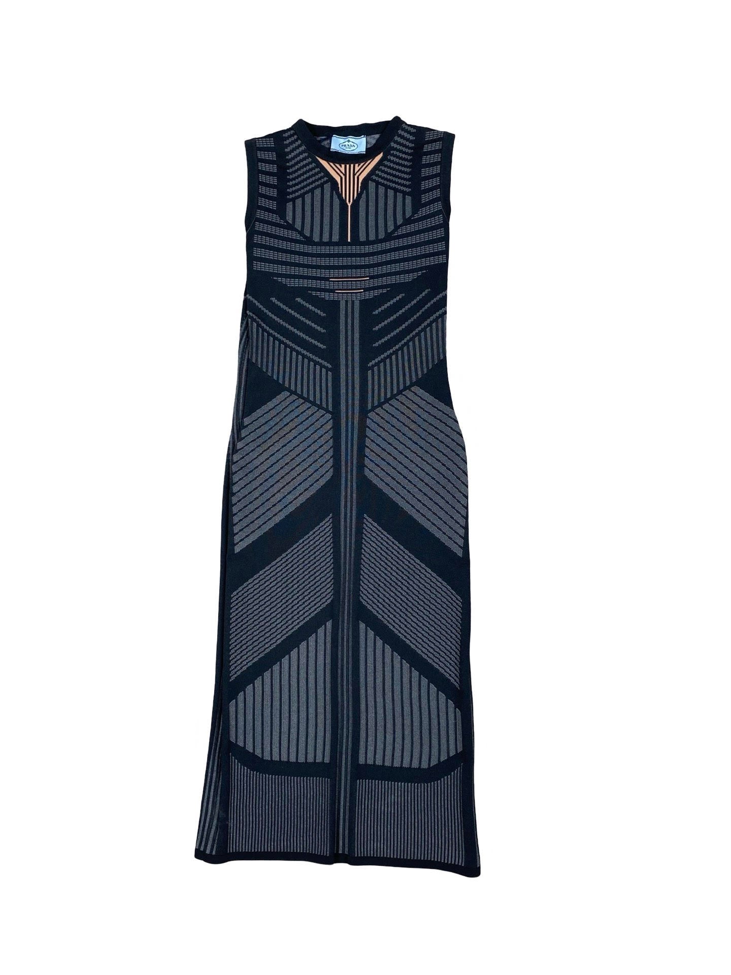 Prada Blue Aztec Striped Fitted Maxi Dress