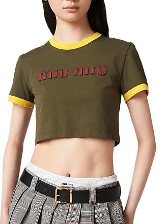 Miu Miu Green Cropped T-Shirt With Yellow Lining Detail