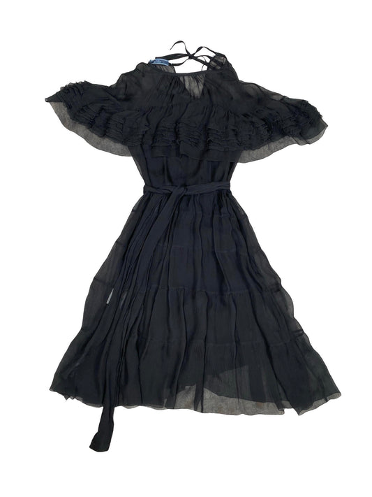 Prada Black Mesh Ruffled Dress With Tie