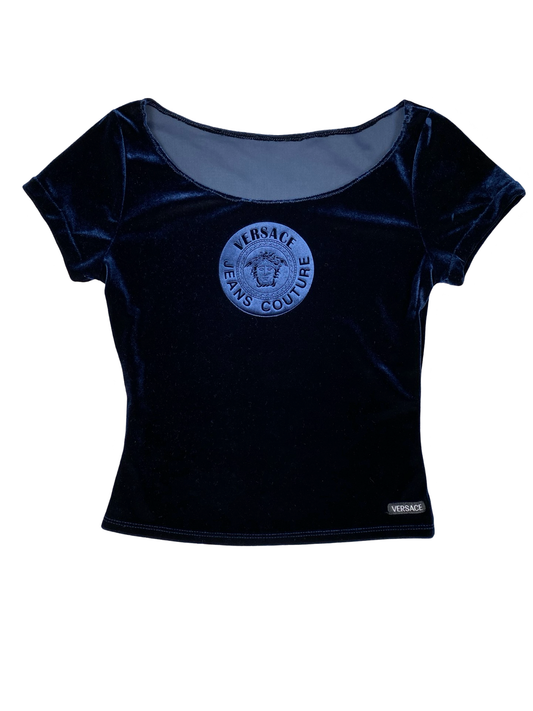 Versace Blue Velvet Top With Logo