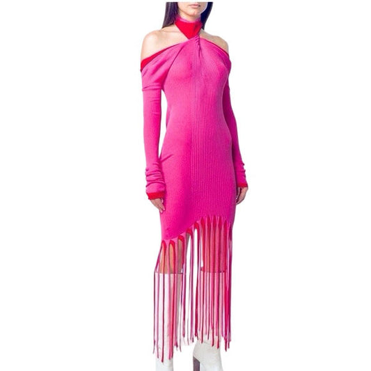 Bottega Veneta Pink Knitted Long Sleeve Off Shoulder Fringe Dress