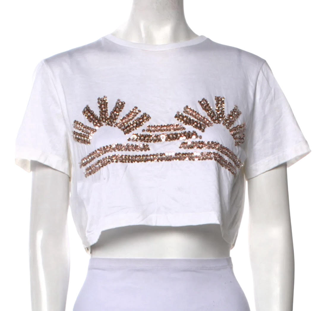 Prada White Cropped T-Shirt With Sequin Sun Design