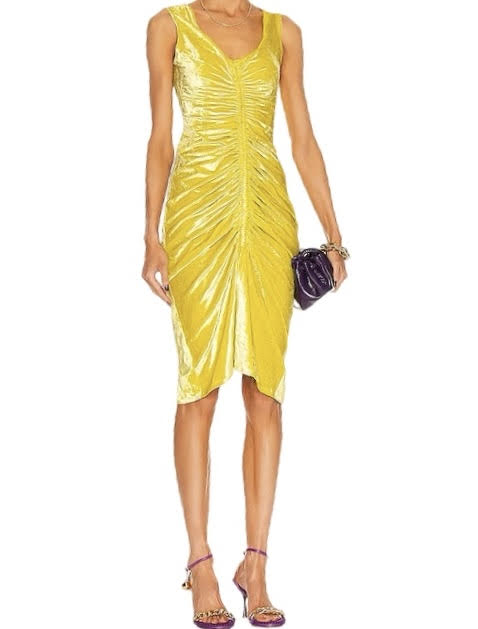 Bottega Veneta Yellow Velvet Sleeveless Dress With Center Ruching