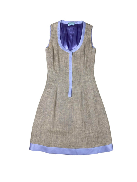 Prada Tan With Blue Satin Sleeveless Mini Dress