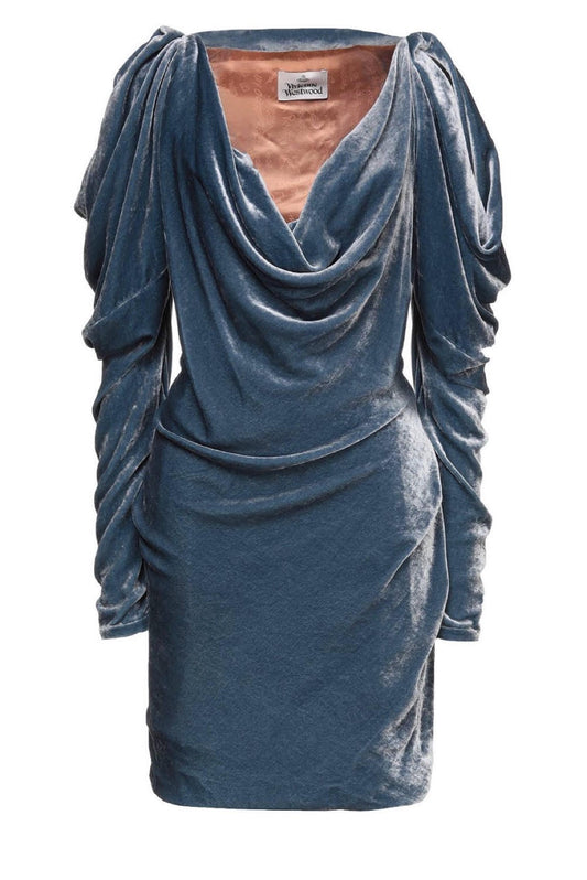 Vivienne Westwood Blue Velvet Long Sleeve Draped Dress