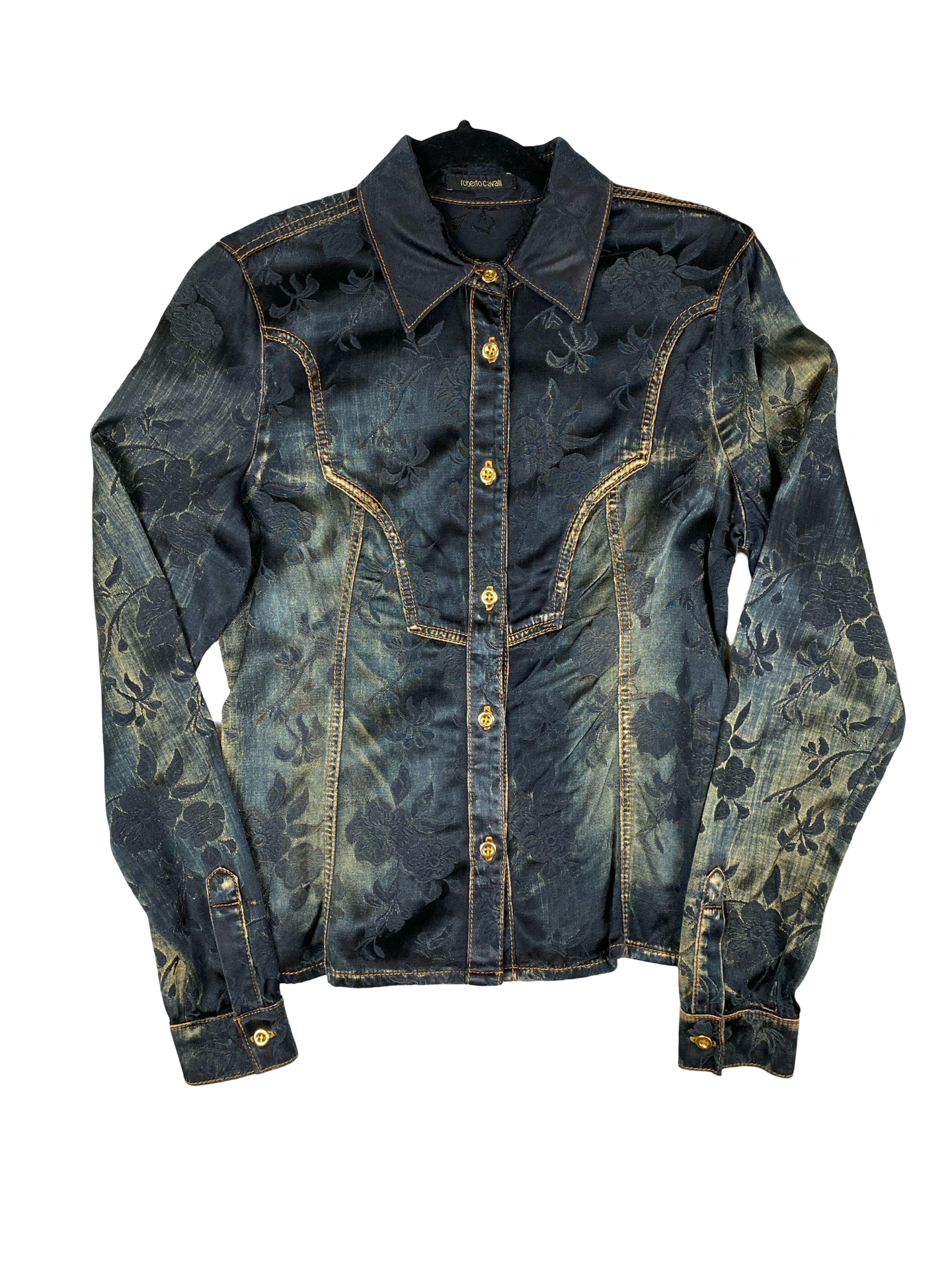 Roberto Cavalli Denim Floral Button Up