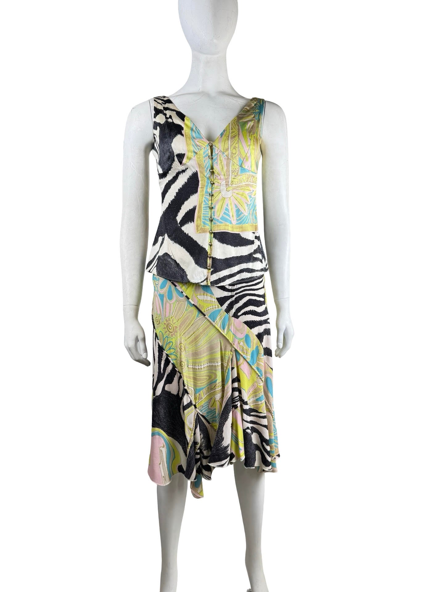 Roberto Cavalli Zebra & Tropical Printed Vest Top & Midi Skirt Set