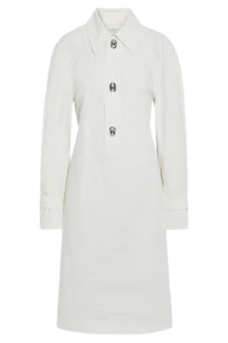 Bottega Veneta White Collared Long Sleeve Coat Dress With Silver Button Claps