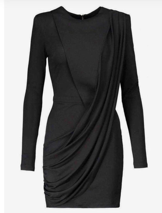 Balmain Black Long Sleeve Mini Dress With Ruching Detail