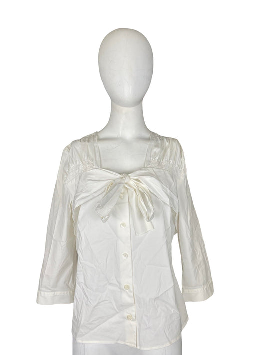 Prada White Linen Long Sleeve Top With Bow Detail