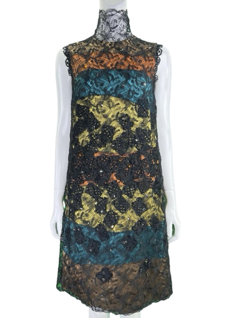 Bottega Veneta Multi Color Sleeveless Dress With Lace Overlay & Neck