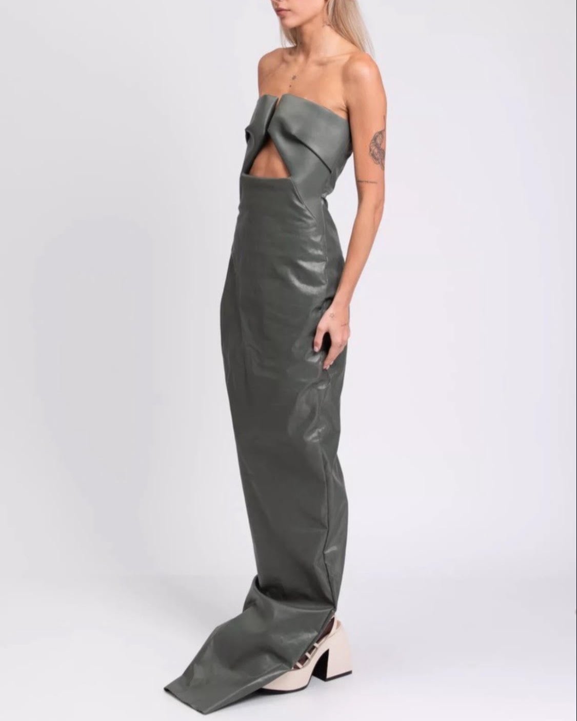 Rick Owens Muted Green Leather Gown With Structured Cut Outs