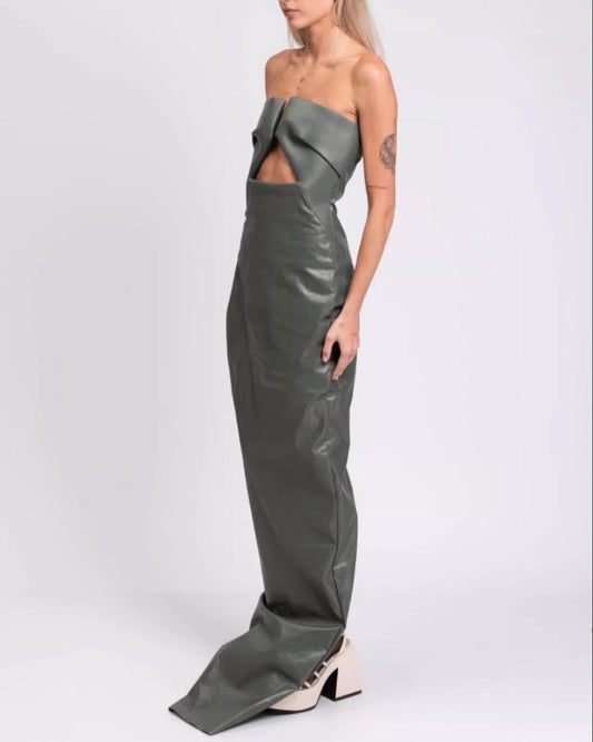 Rick Owens Muted Green Leather Gown With Structured Cut Outs