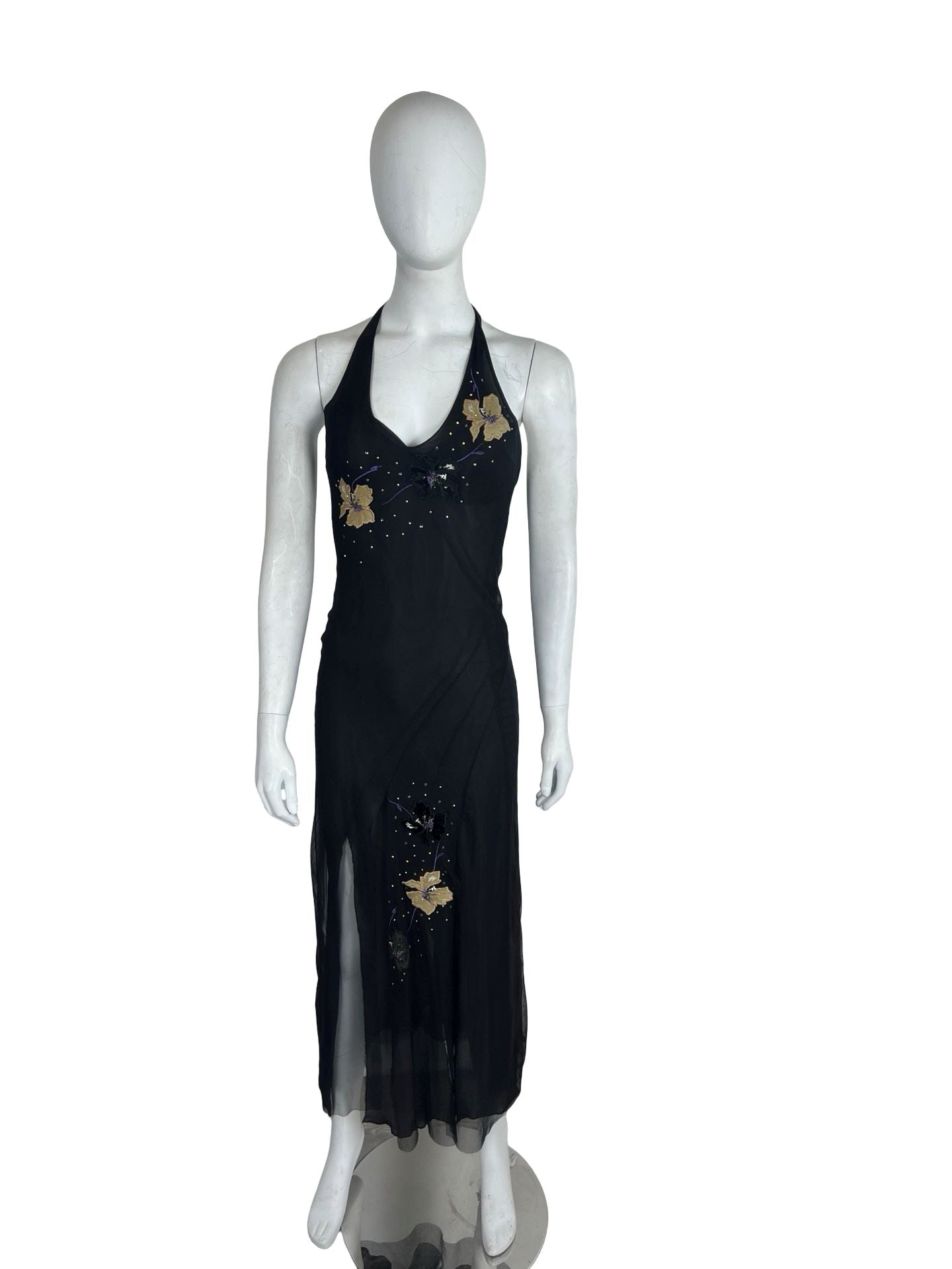 Versace Black Halterneck Dress with Floral Embroidery