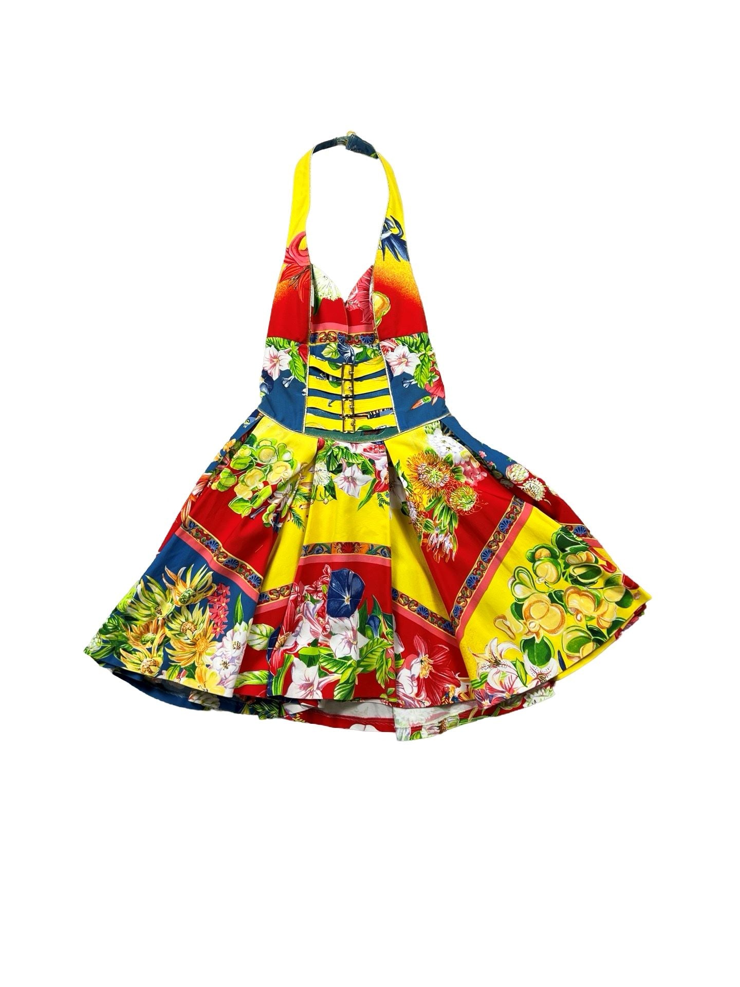 Versace Red Yellow Pleated Halter Floral Dress