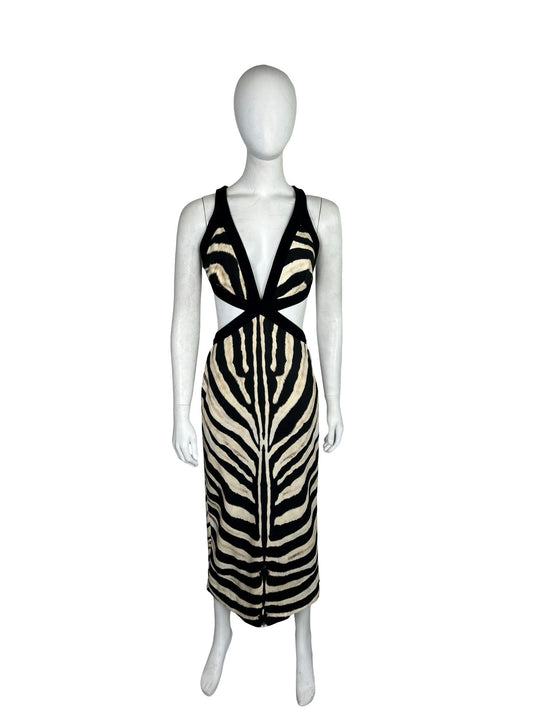 Roberto Cavalli Black & White Zebra Striped Cutout Dress Deep V