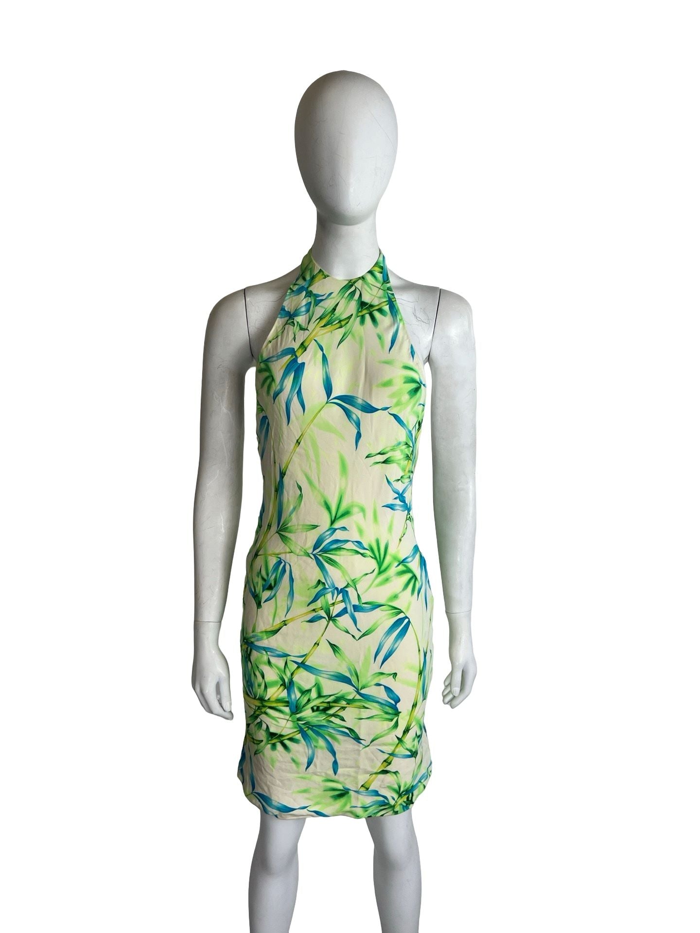 Versace Creme Halter w/ Green Blue Bamboo Dress