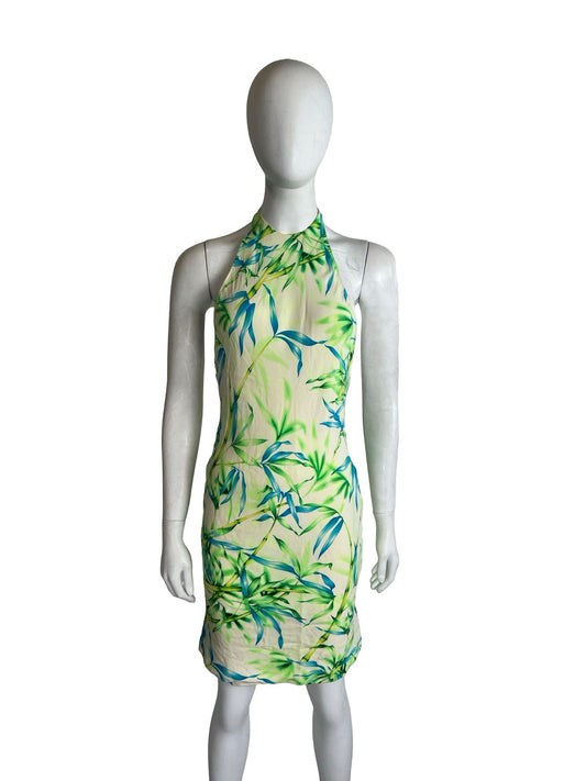 Versace Creme Halter w/ Green Blue Bamboo Dress