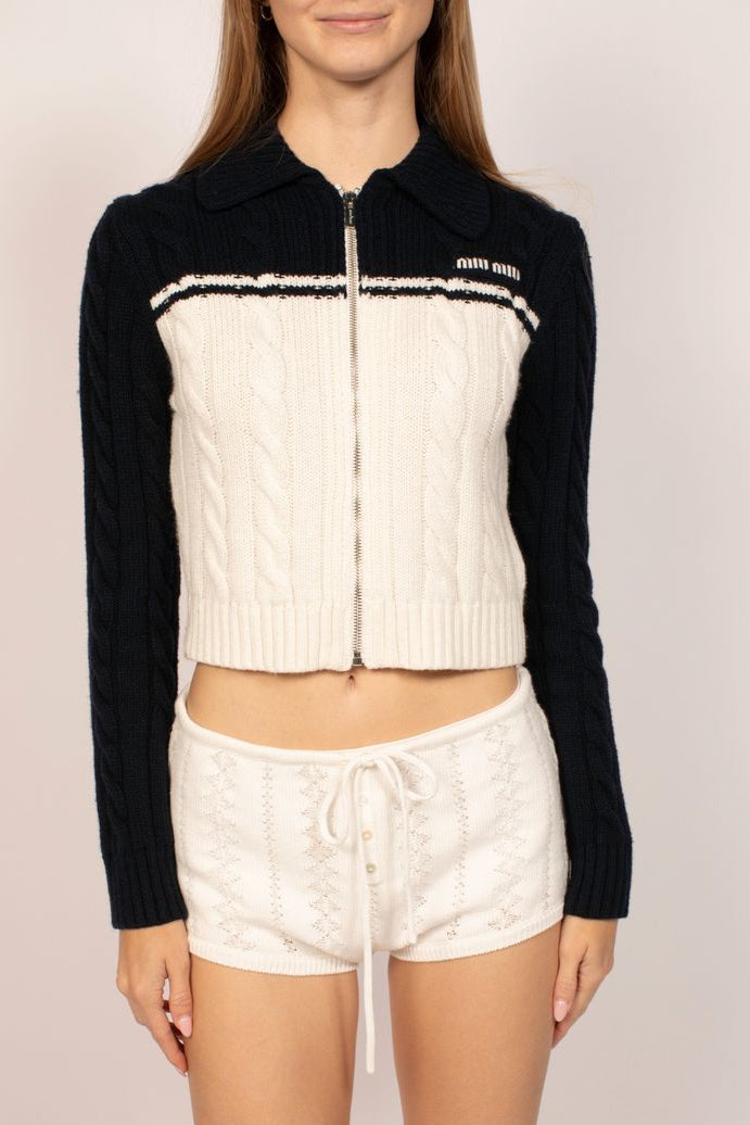 Miu Miu Blue & White Knit Zip Up Sweater